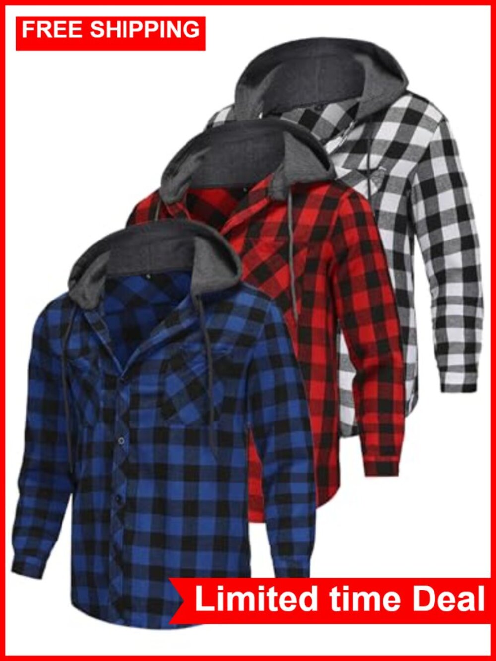 Men's 3 Pack Hooded Flannel Shirt Button Down Plaid Long Sleeve Casual